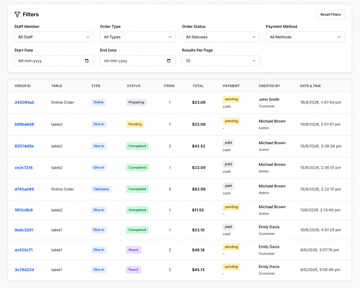 OrderPOZ order logs report screen
